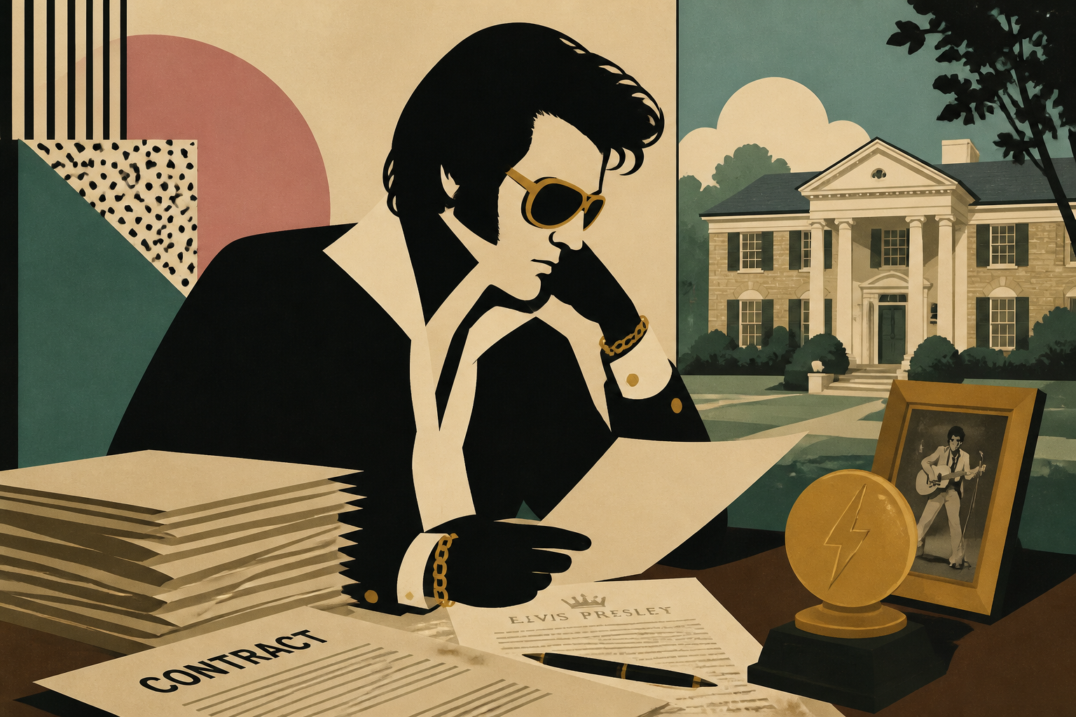Illustration of Elvis Presley considering Graceland paperwork
