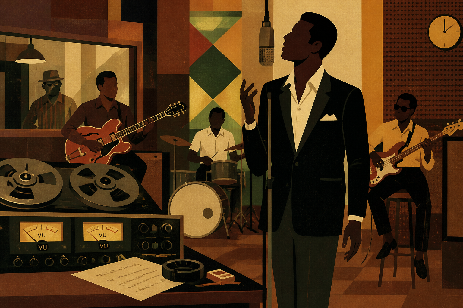 Illustration of Elvis Presley in a Memphis recording studio