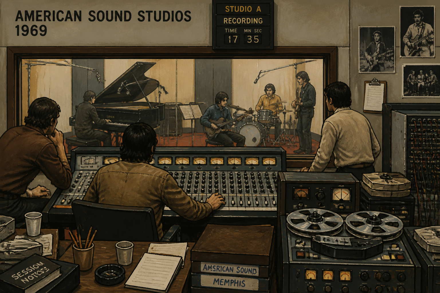 Illustration of Chips Moman and session musicians at American Sound Studio
