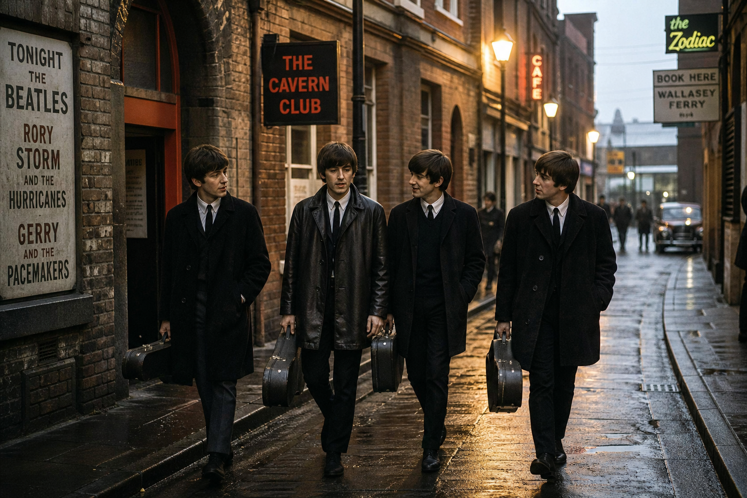 four young musicians walking through a Liverpool street in the early 1960s