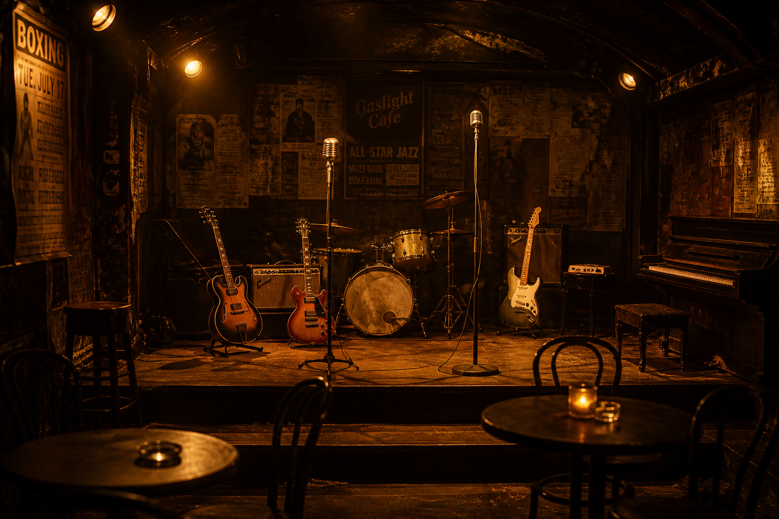 small club stage with guitars and drums under warm lights