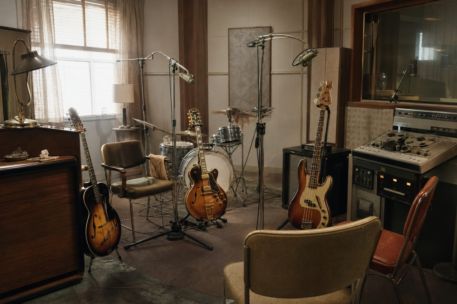 vintage recording studio with four chairs and instruments