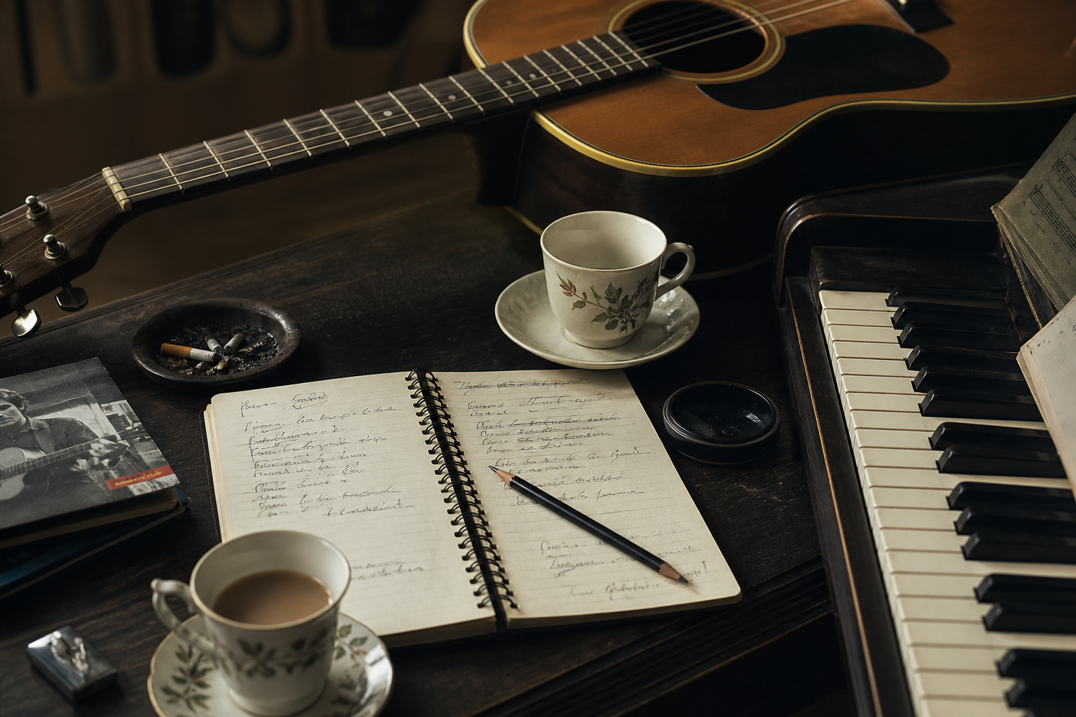 songwriting notebook beside an acoustic guitar and teacups