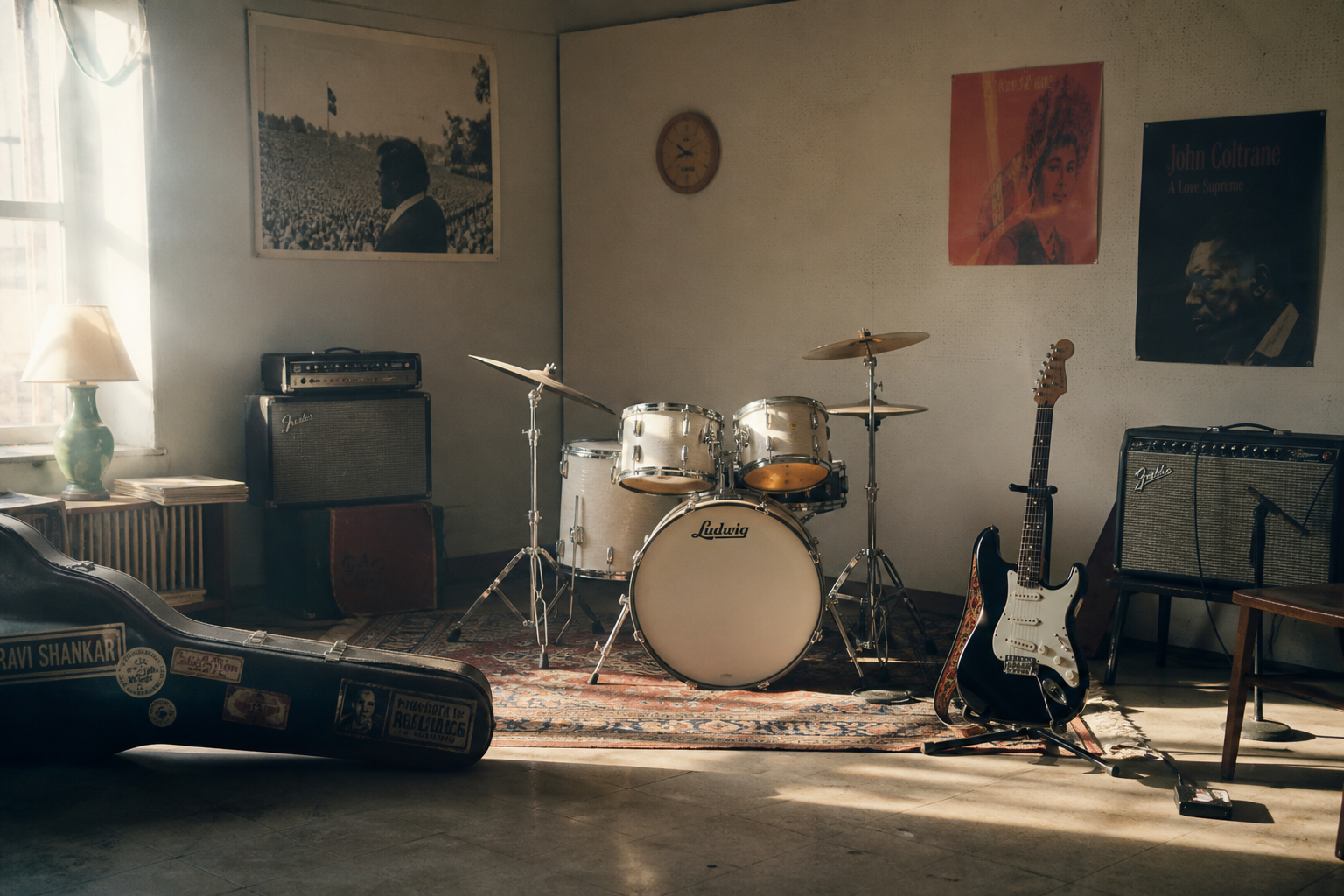 drum kit and electric guitar in a quiet rehearsal room