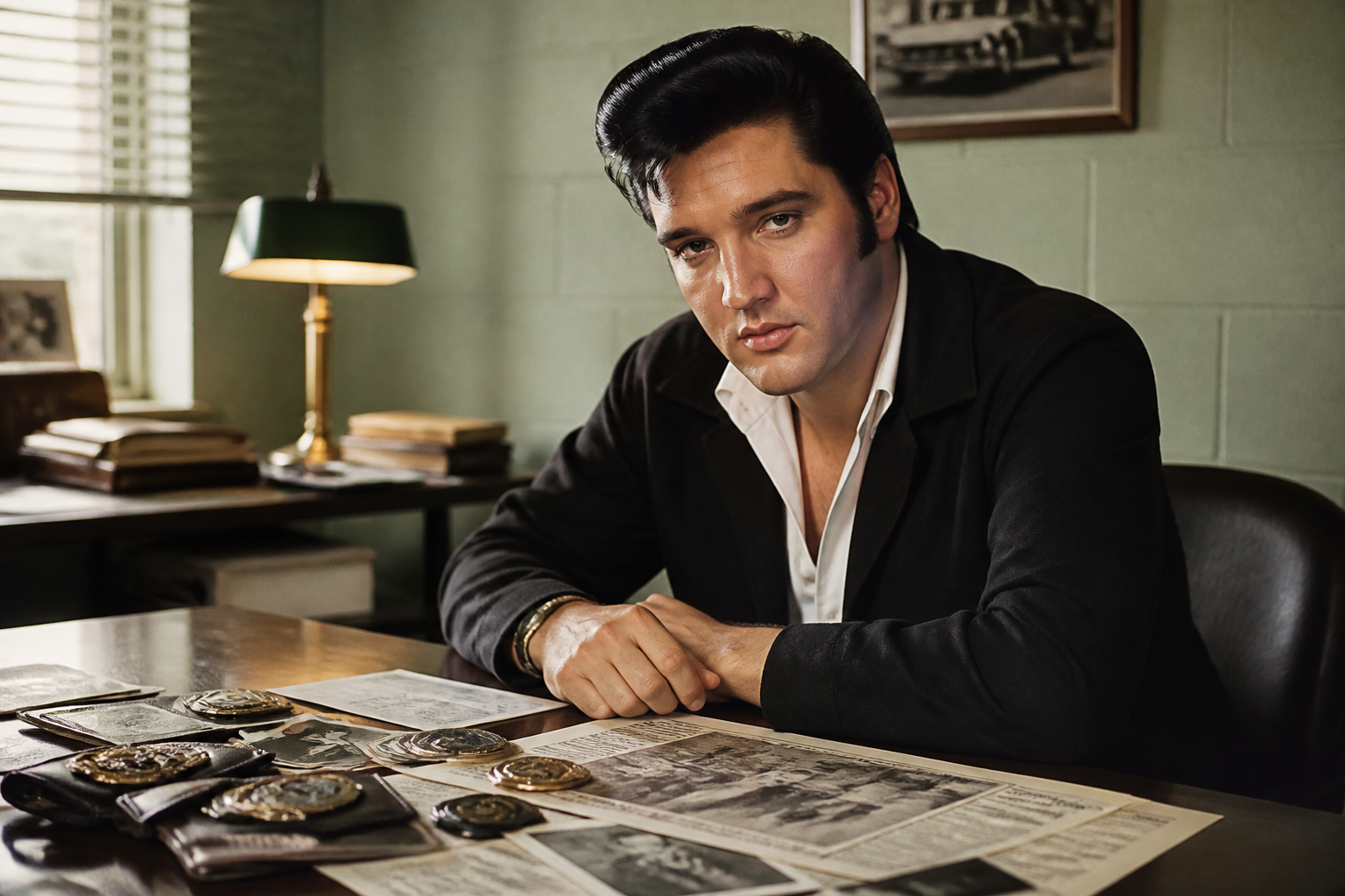 Elvis Presley reviewing law enforcement badges and federal identification on a desk