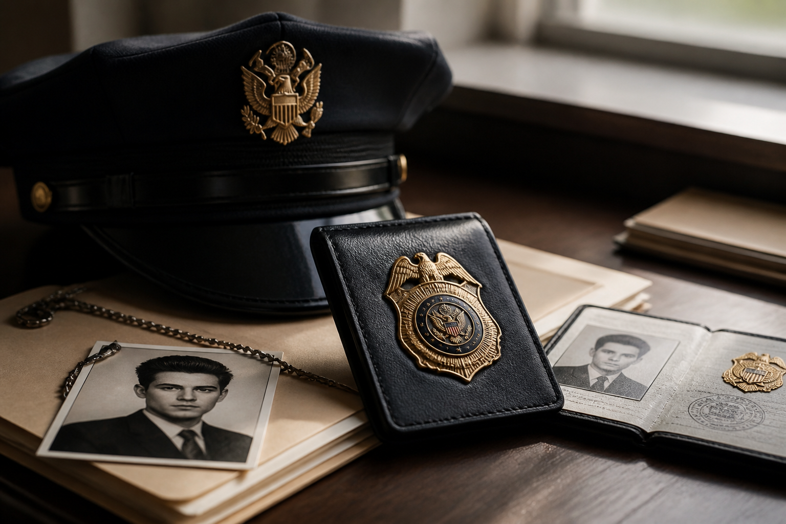 Elvis Presley’s federal badge beside a police cap and narcotics agency paperwork