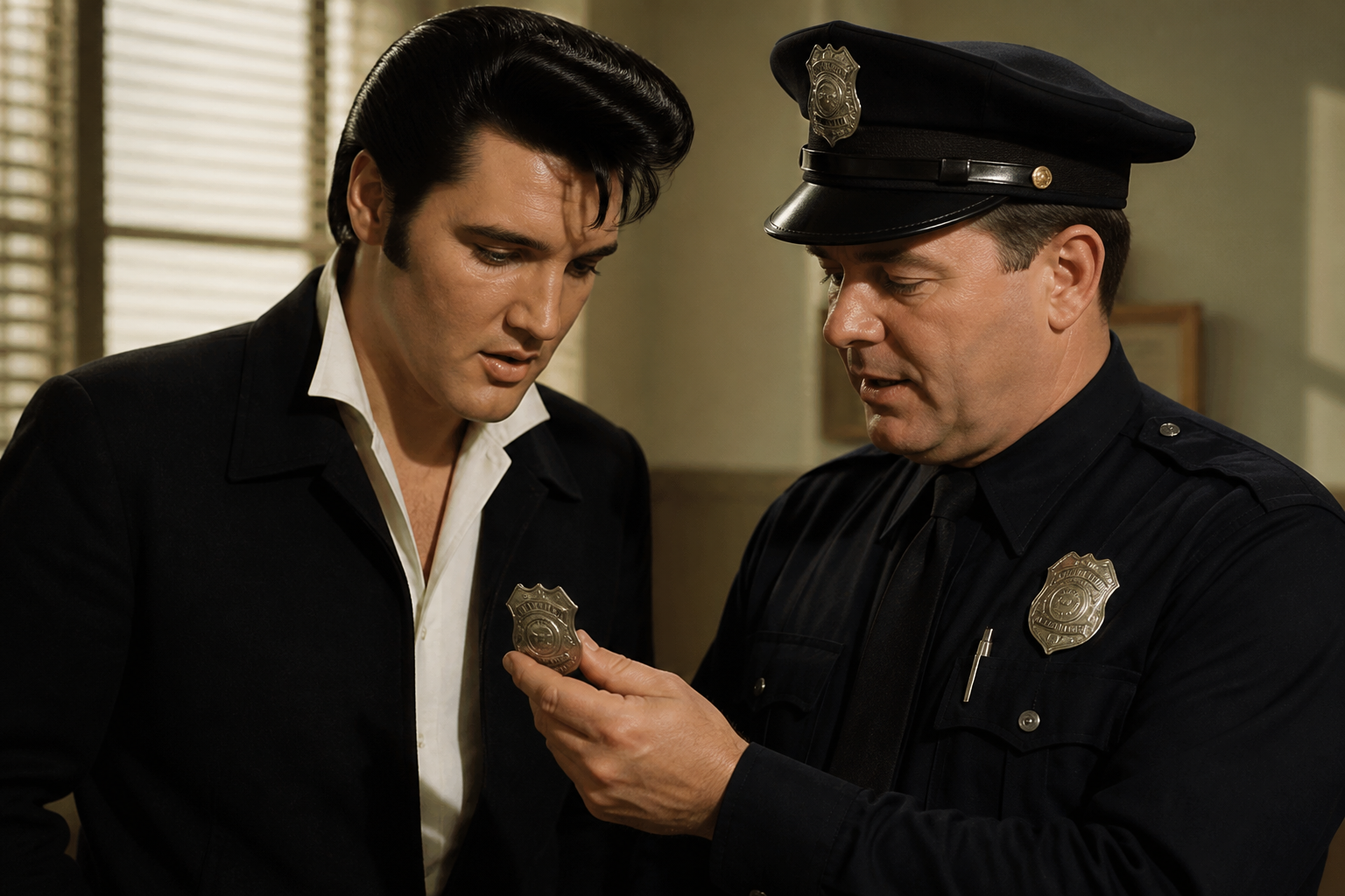 Elvis Presley speaking with a police officer about law enforcement credentials