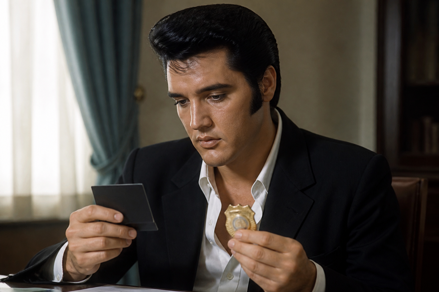 Elvis Presley holding a federal narcotics credential card and badge
