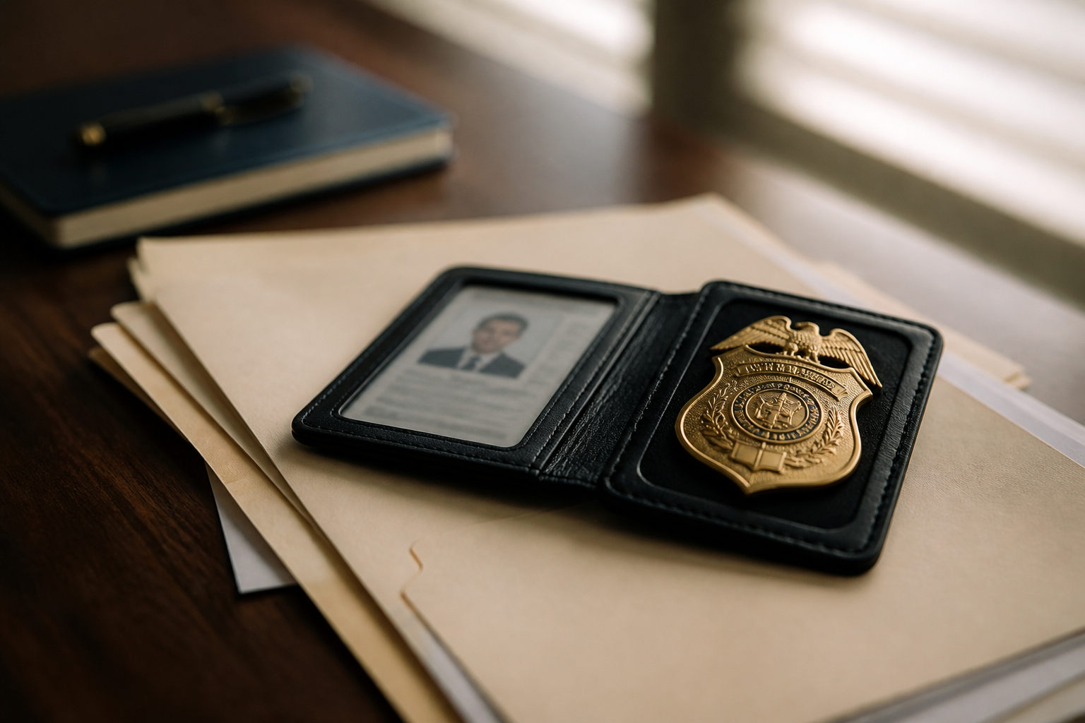A close view of a federal identification card and badge marked for narcotics enforcement