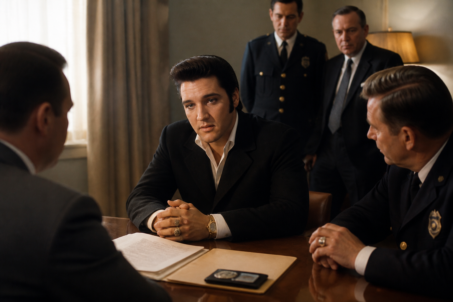 Elvis Presley in a formal setting with law enforcement officials and federal paperwork