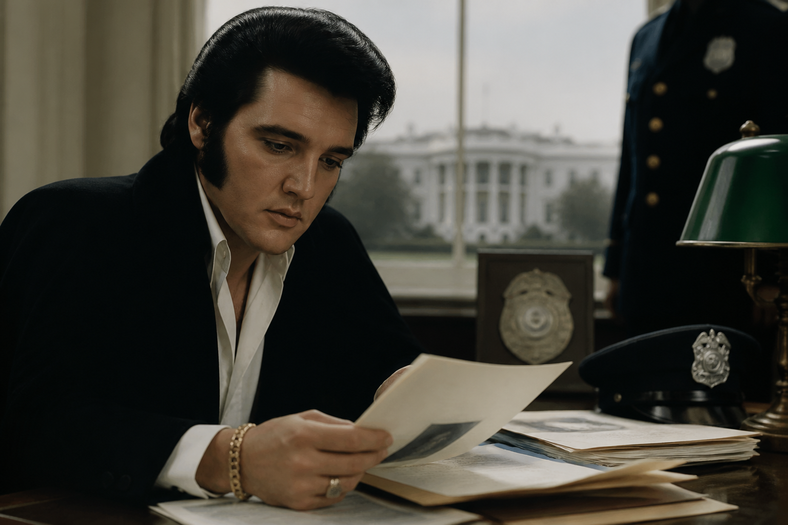 A historical scene summarizing Elvis Presley’s federal narcotics credentials episode