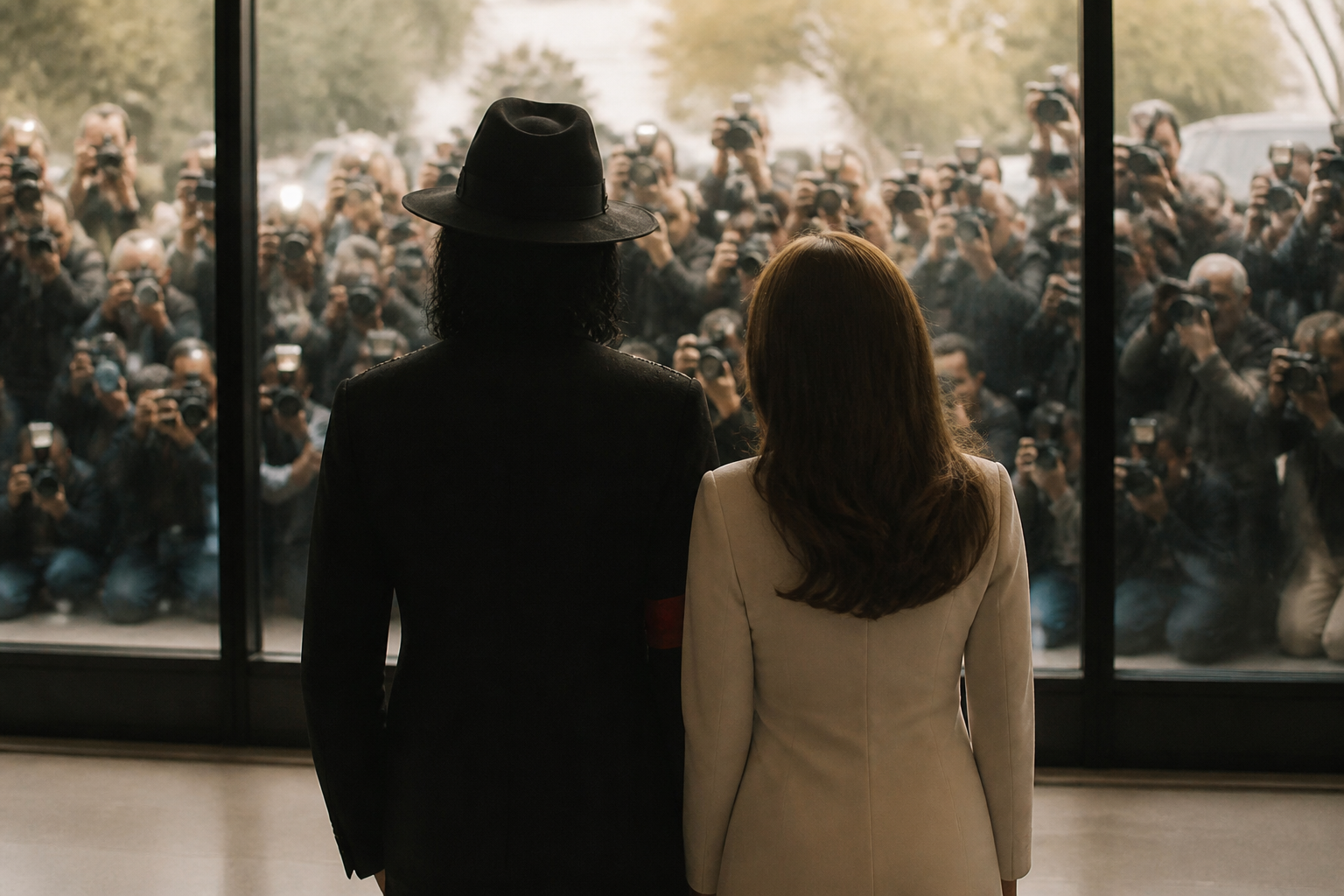 Lisa Marie Presley and Michael Jackson surrounded by paparazzi