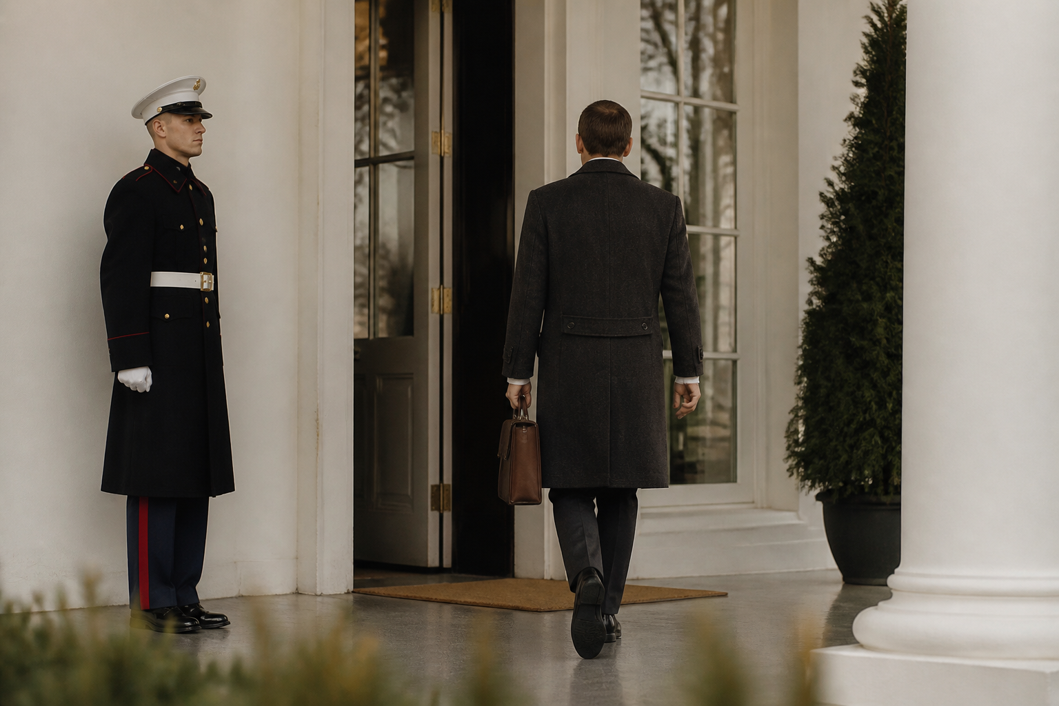 White House entrance with a visitor approaching for an official appointment