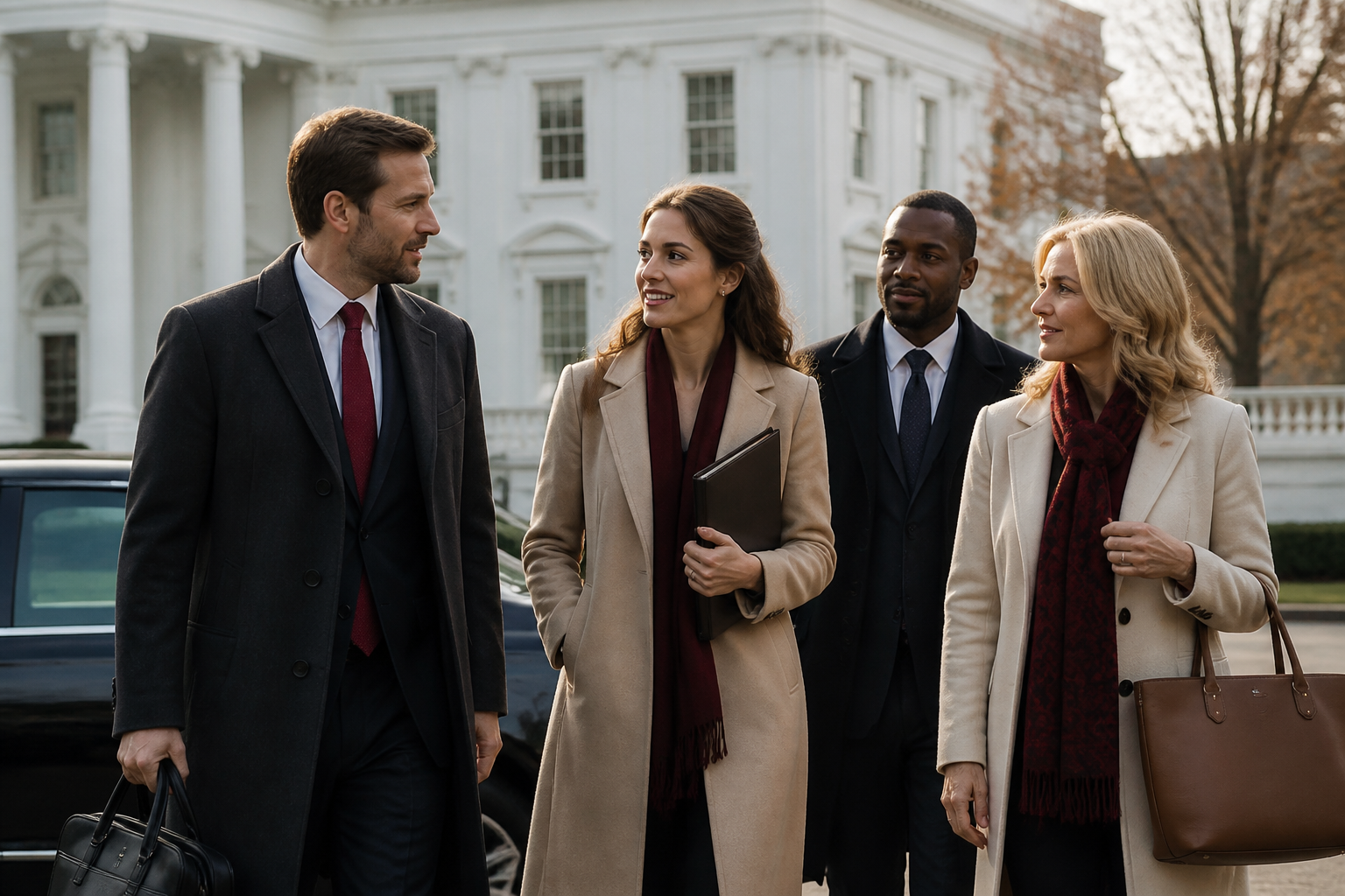 Small group of travelers outside the White House after an appointment