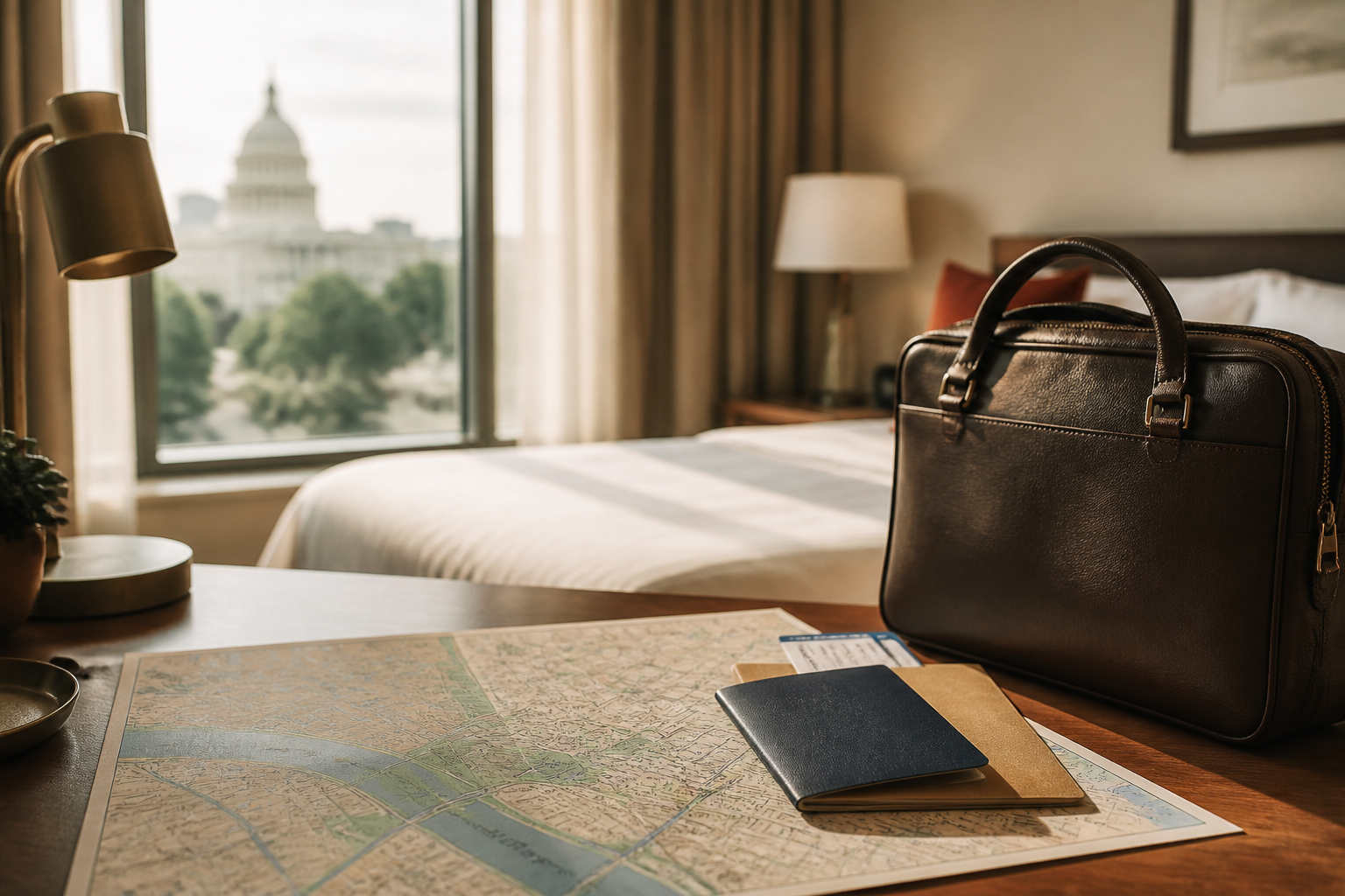 Map of Washington and travel documents on a hotel desk