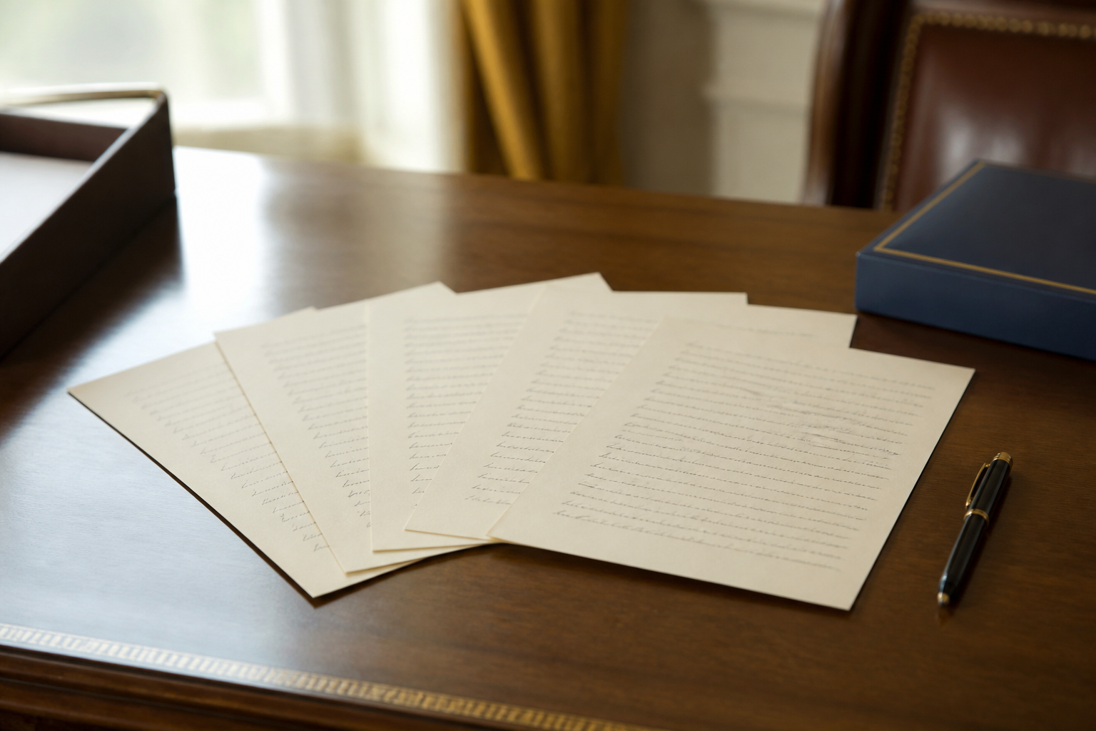 Handwritten pages addressed to a president on a desk