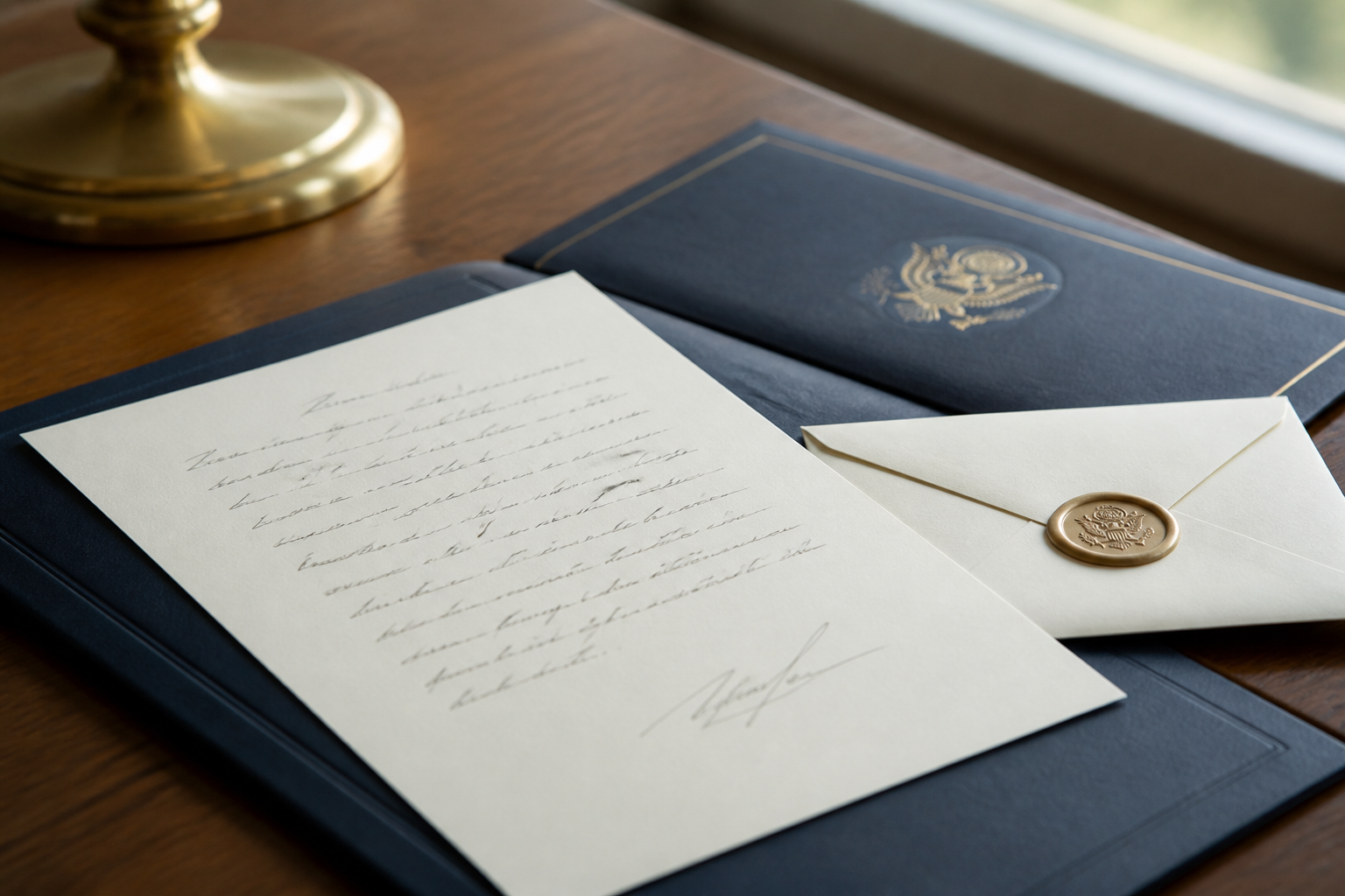 Close view of a signed letter and envelope on official stationery