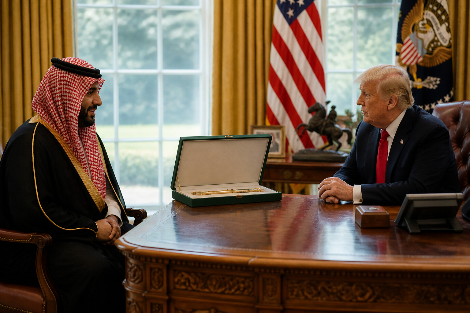 Oval Office desk with a formal meeting setup and a presentation box