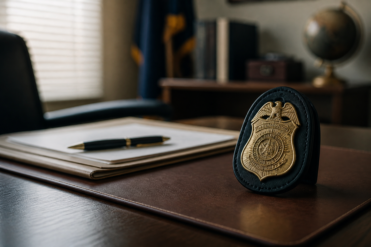 Law-enforcement badge displayed beside a desk blotter