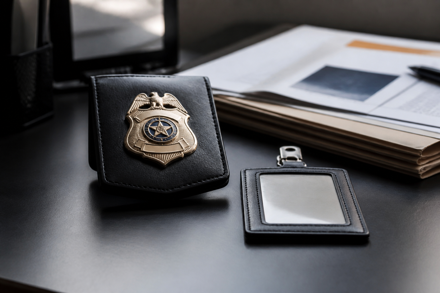 Official badge and identification card on a dark desk surface