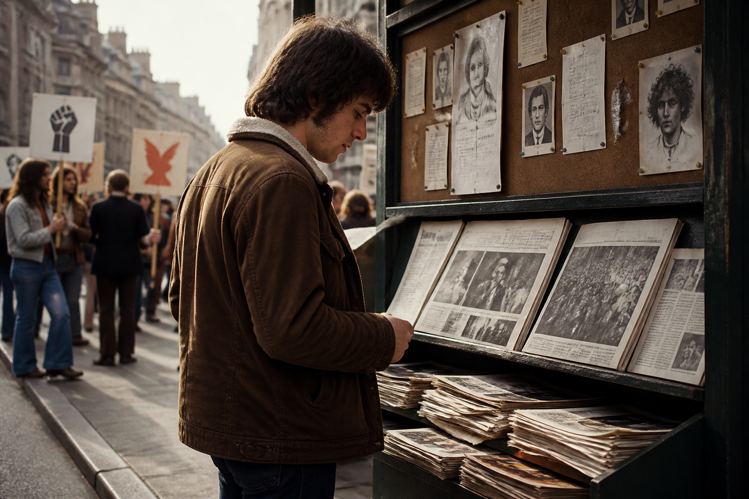 City street scene with protest signs, newspapers, and police bulletin board