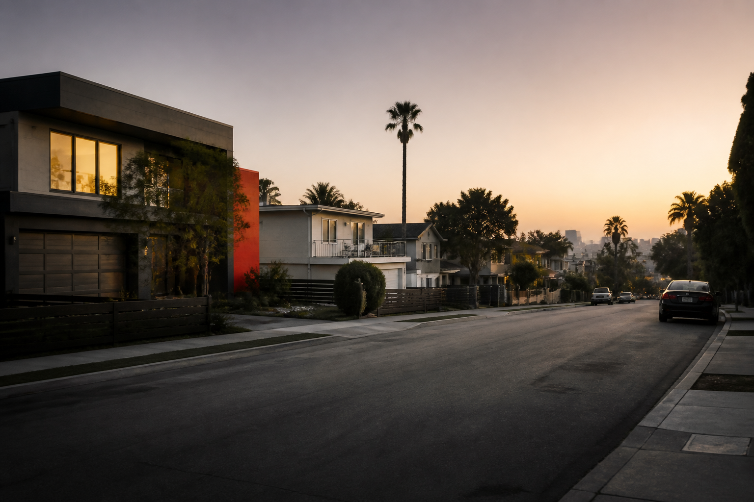 empty residential street in los angeles at dusk