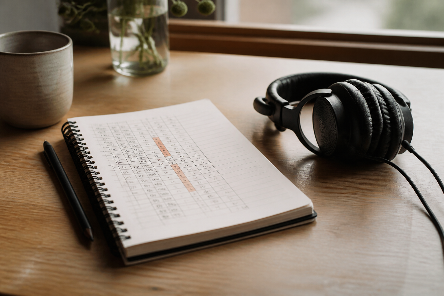 spiral notebook with handwritten schedule beside headphones