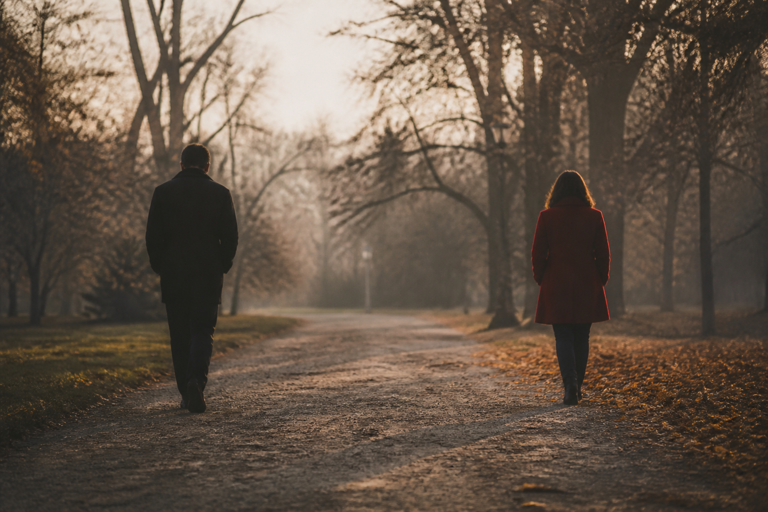two silhouettes walking away from each other in a park