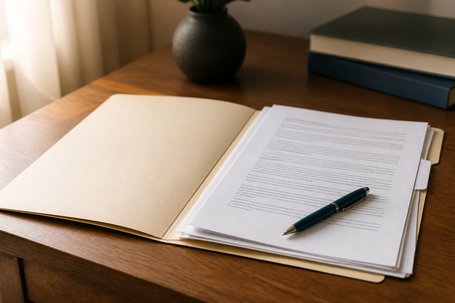 open folder with papers and a pen on a desk