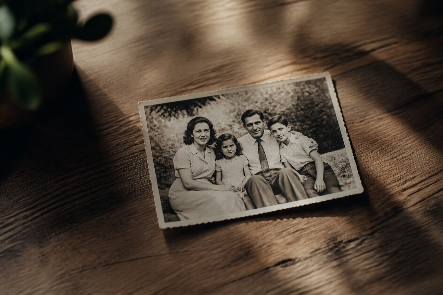 small vintage photograph lying on a wooden table