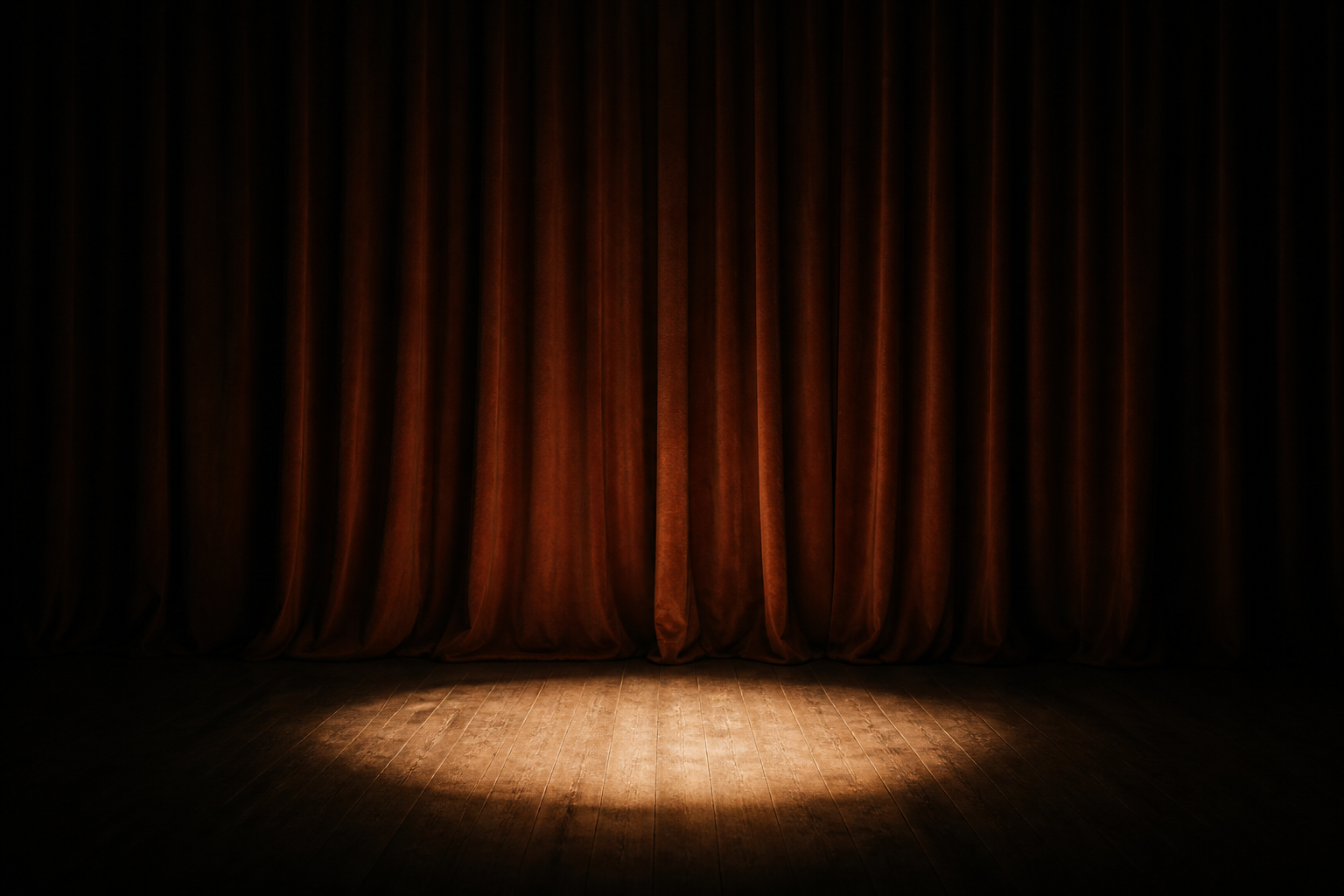 closed theater curtain with a single spotlight shining on stage