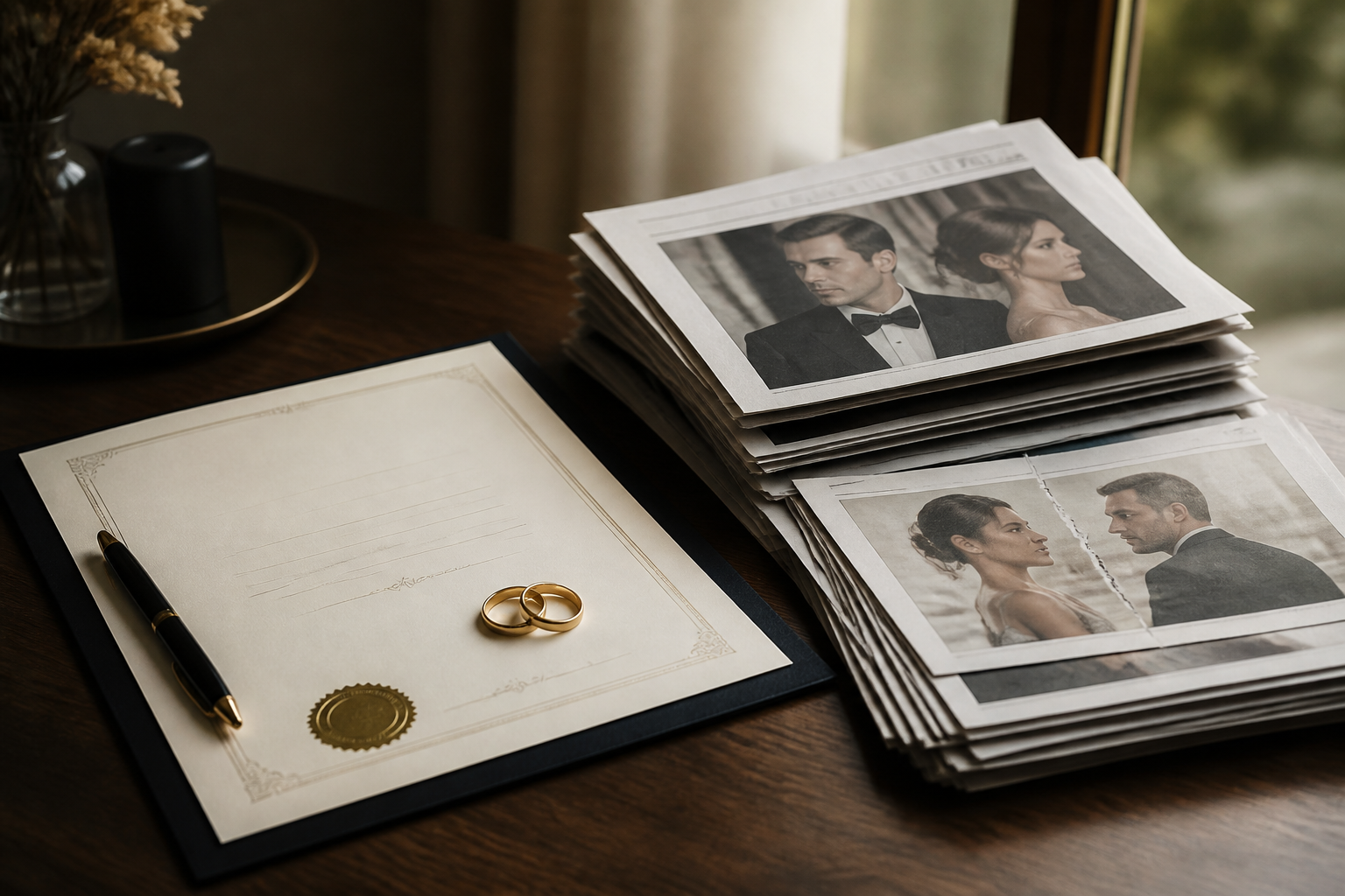 Marriage certificate paperwork and a newspaper spread on a desk