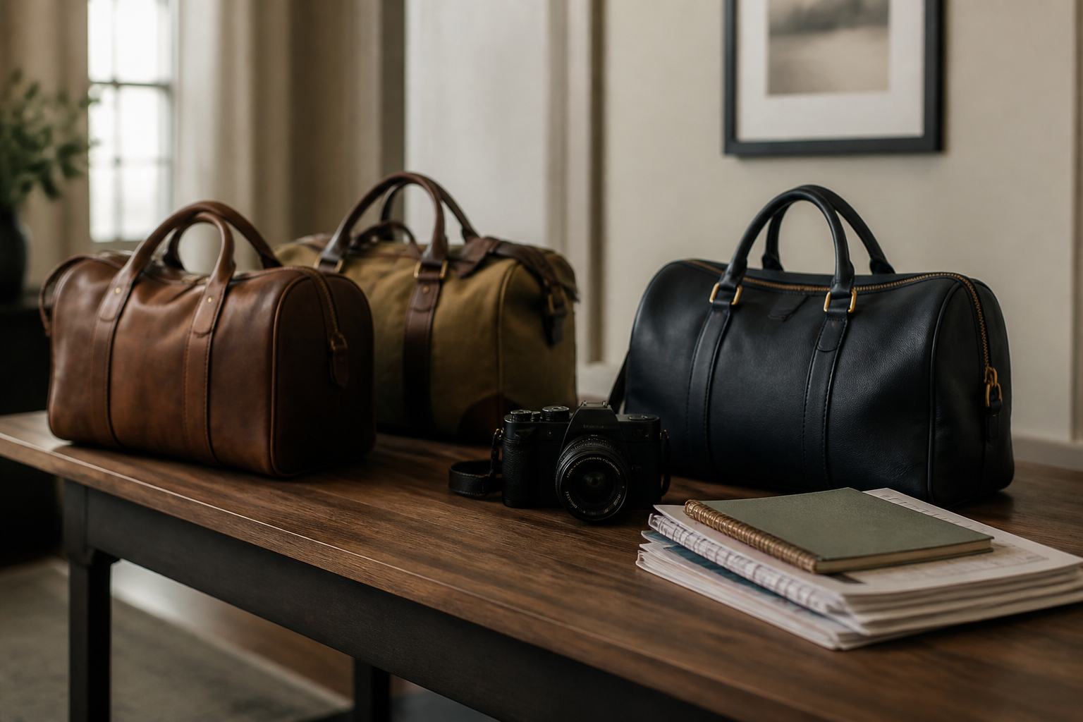 Two sets of travel bags and a camera on a hallway table
