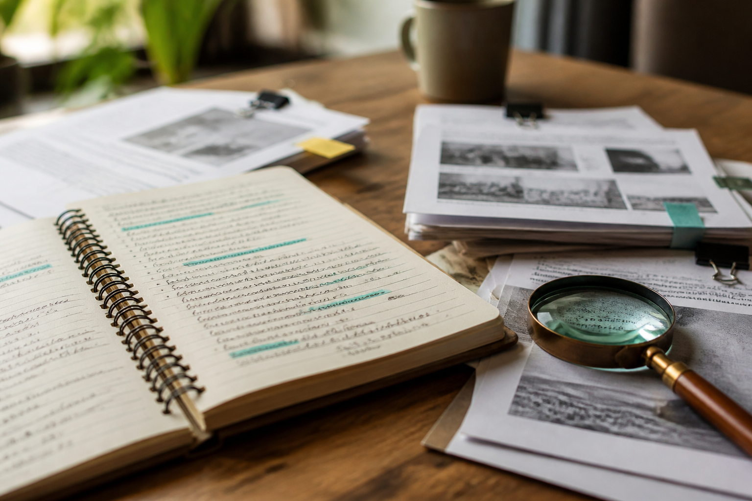 A notebook with handwritten notes and a magnifying glass