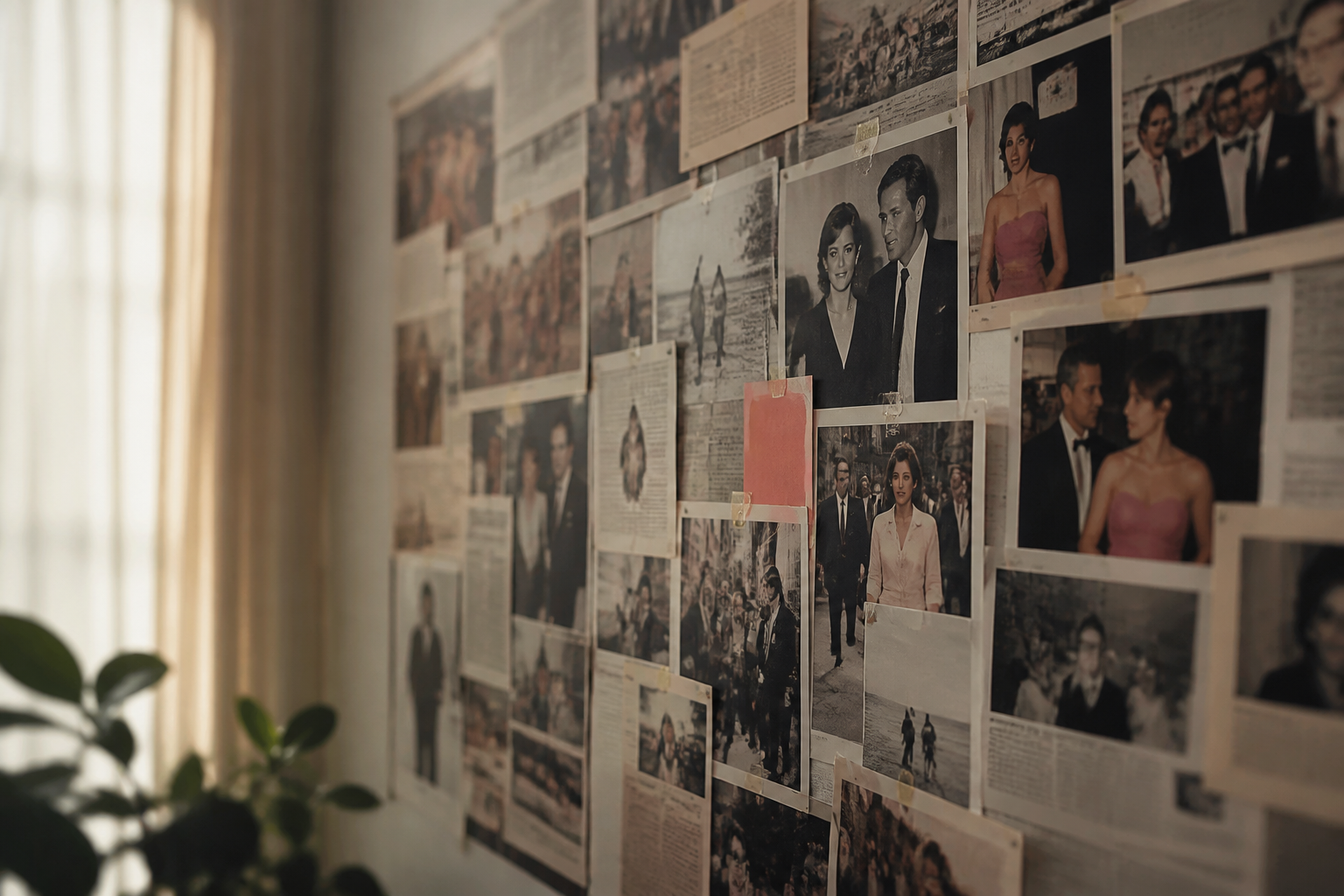 A collage wall of press clippings about a famous family name