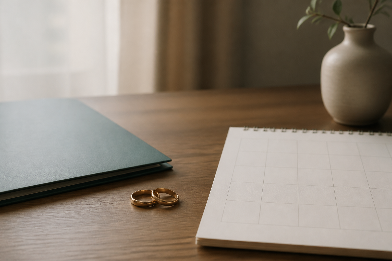 A quiet desk with two plain rings and a closed folder