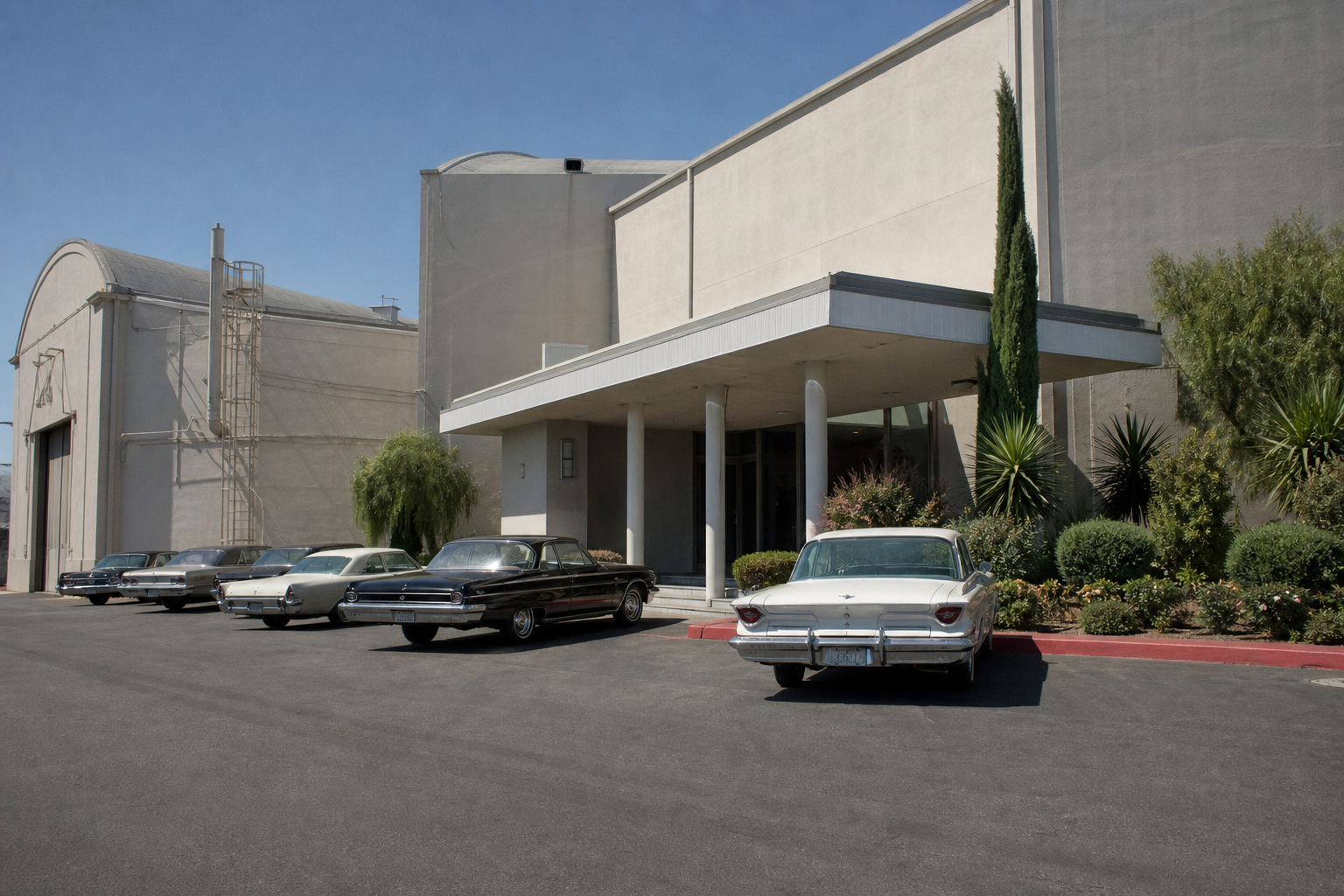 the exterior of a 1960s Hollywood film studio, with vintage cars parked out front