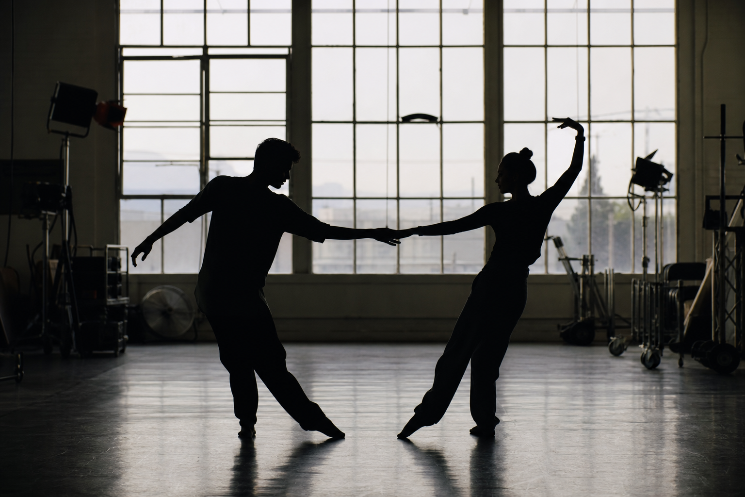 two silhouettes practicing a dance routine in a rehearsal room, film equipment in the background