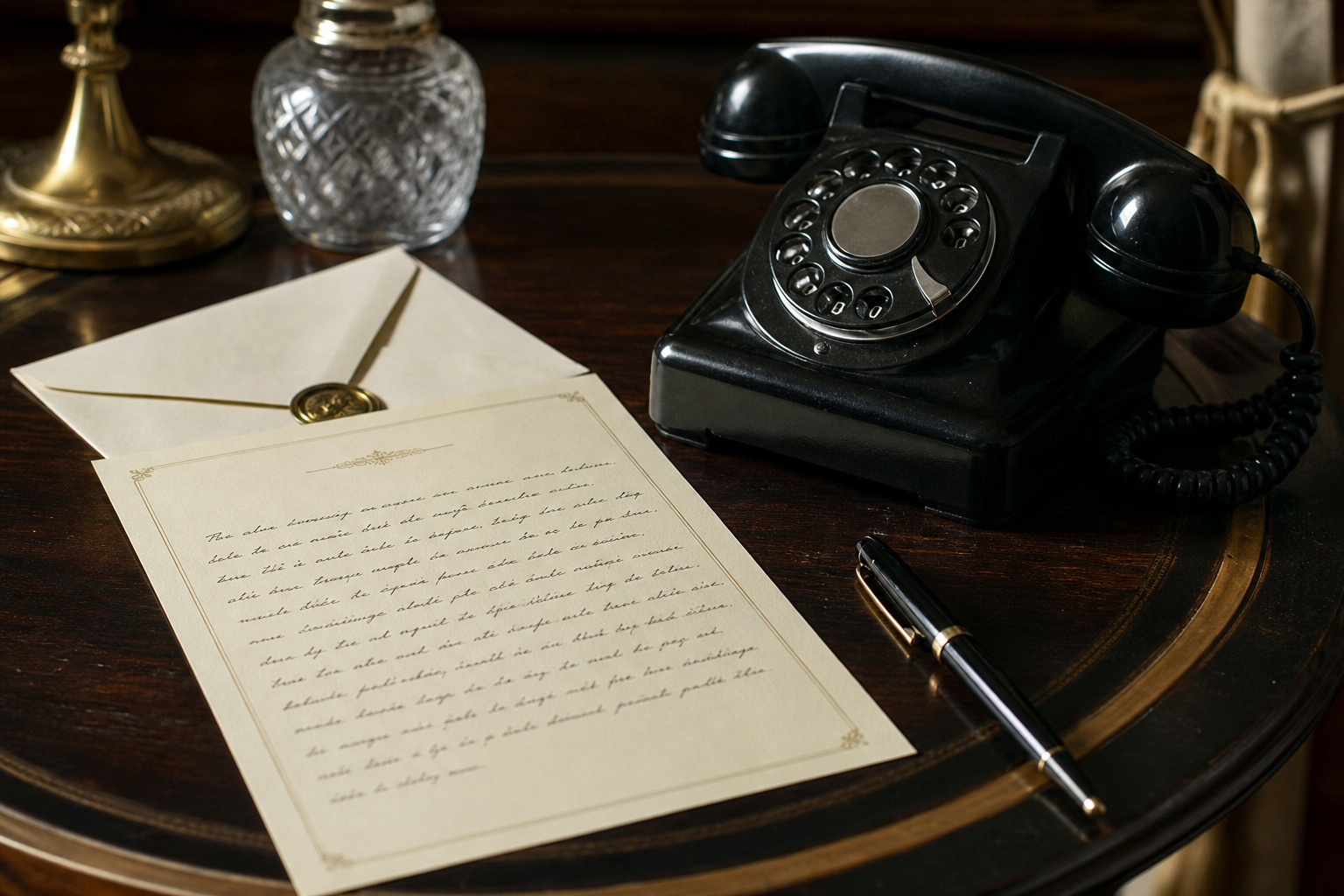a handwritten letter on elegant stationery, a classic rotary phone beside it