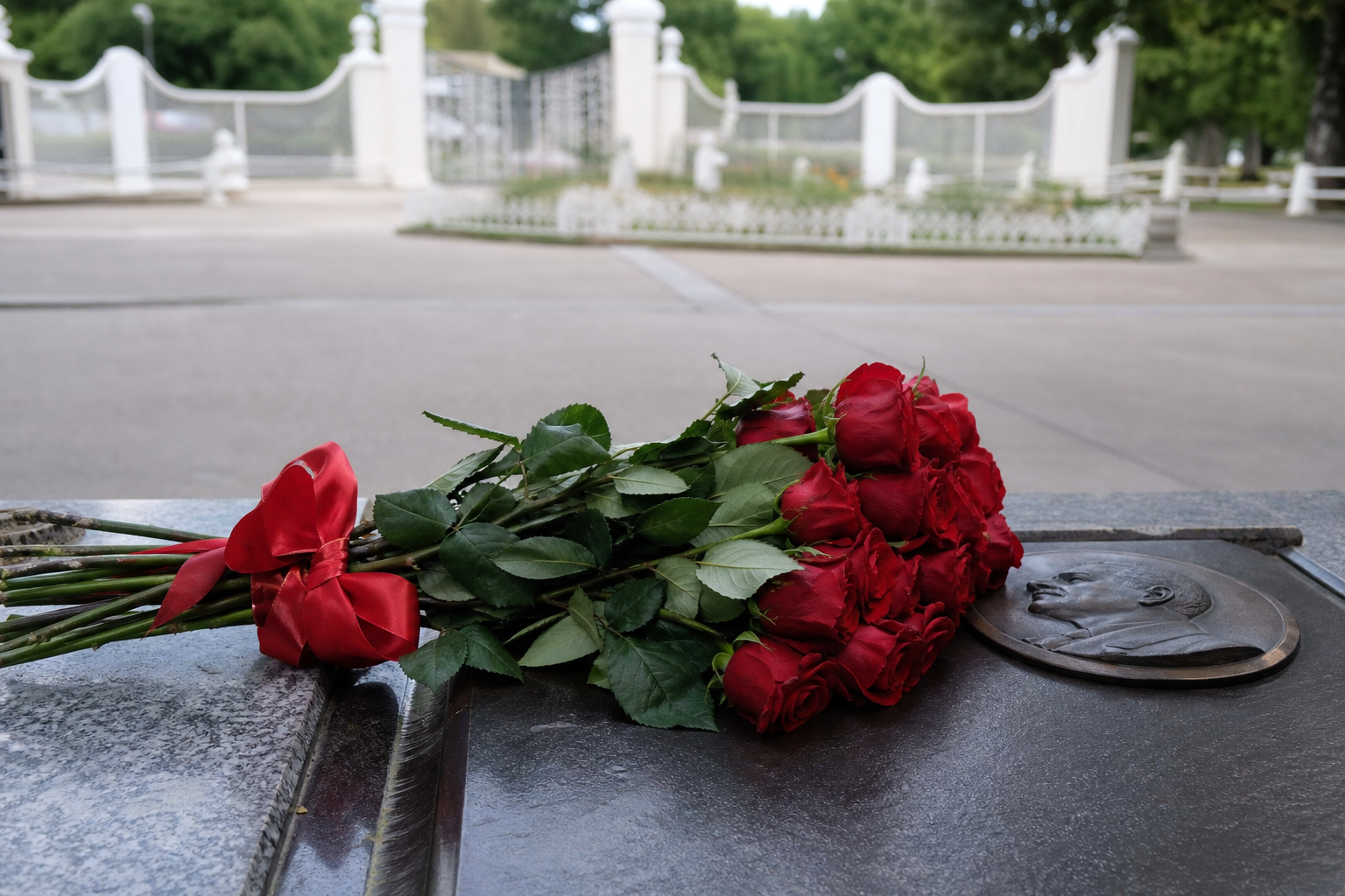 a bouquet of red roses placed on a memorial stone outside Graceland