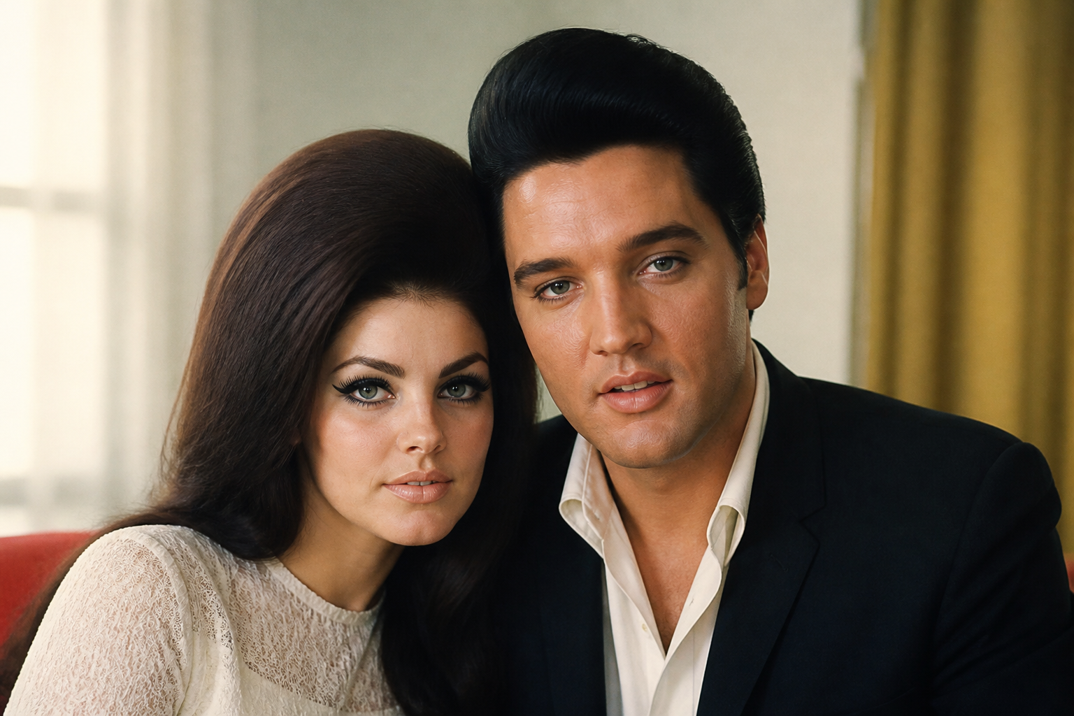 Priscilla Presley and Elvis Presley in a period portrait