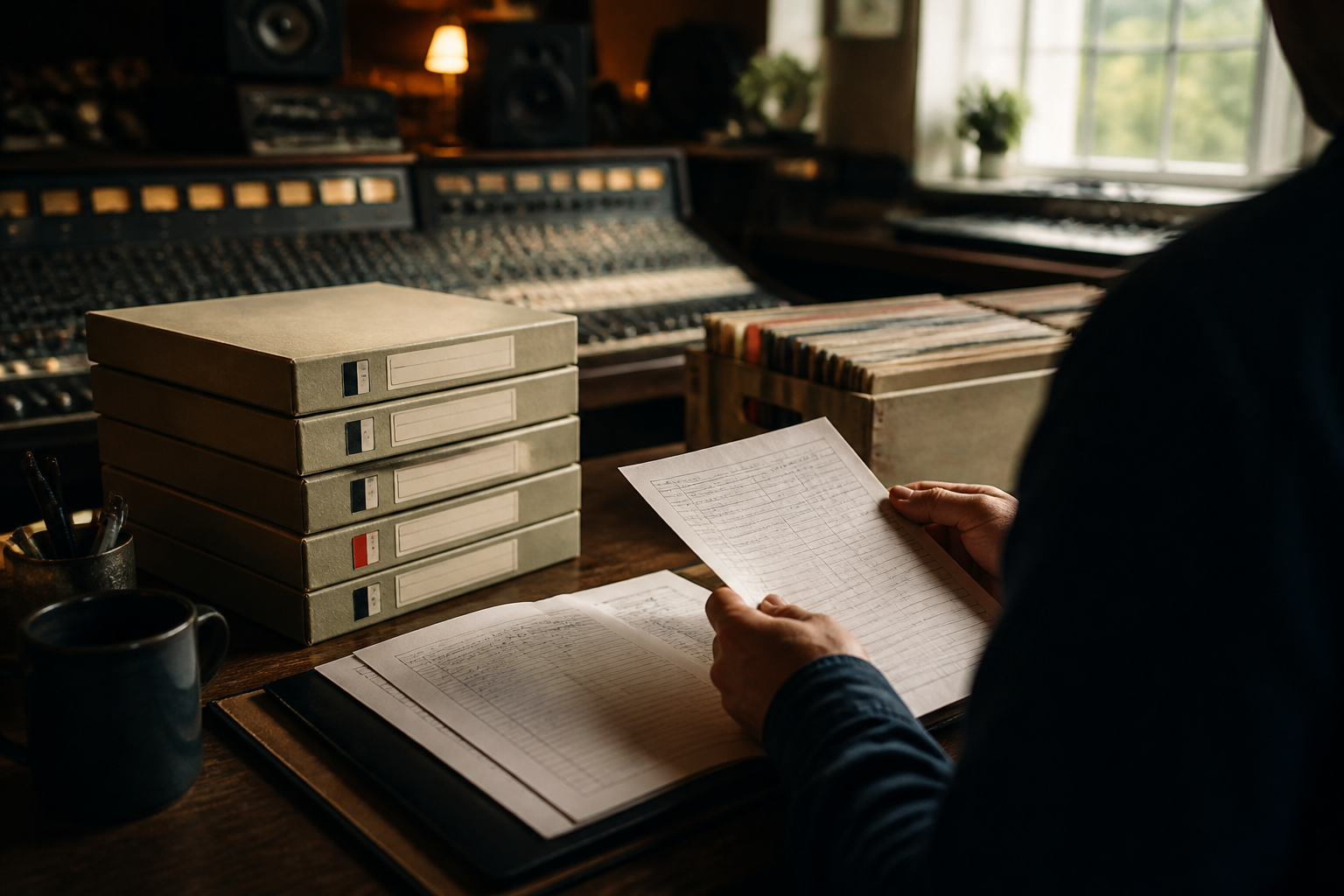 Taylor Swift in a recording studio reviewing master tape boxes