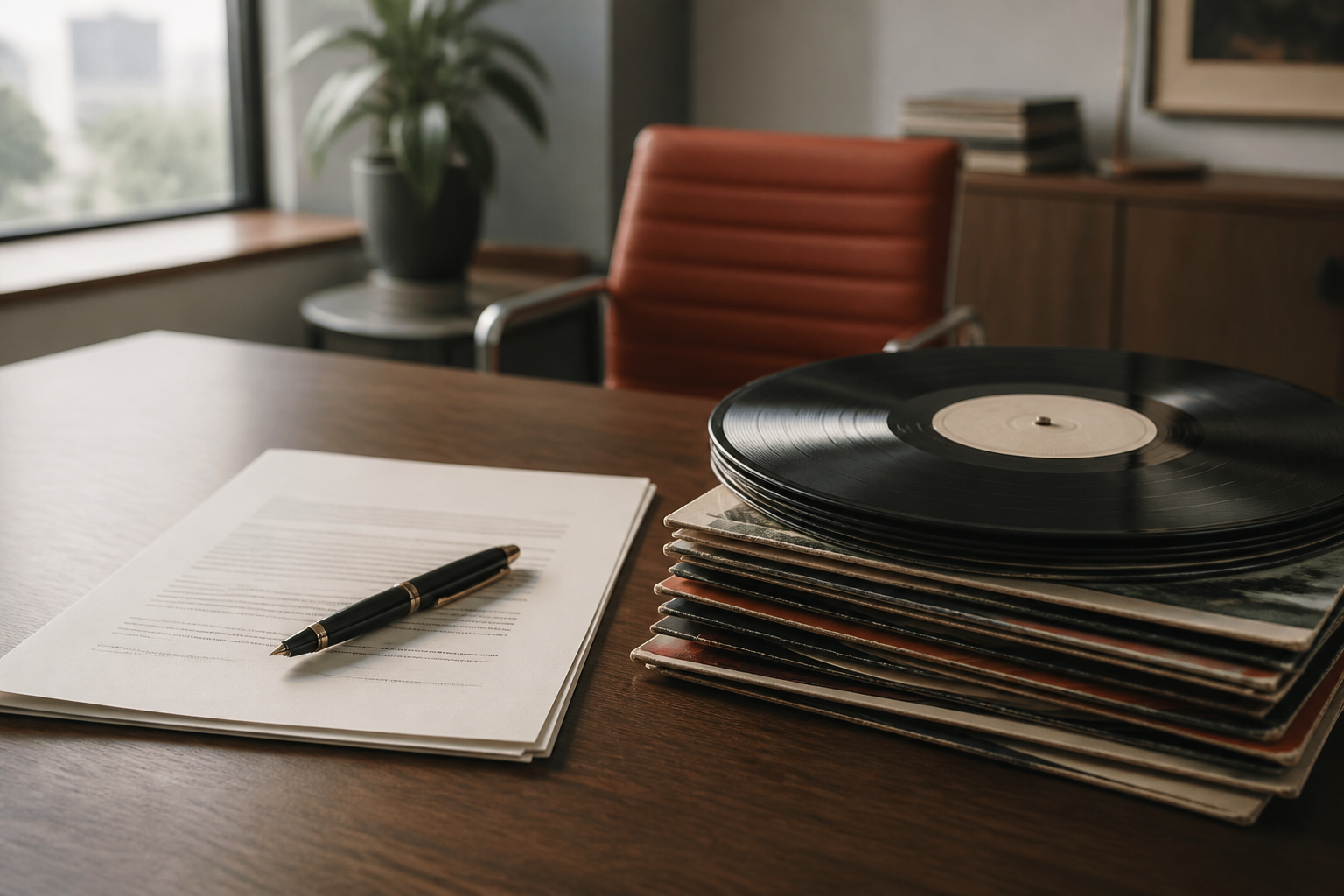 A music contract and vinyl records on a desk