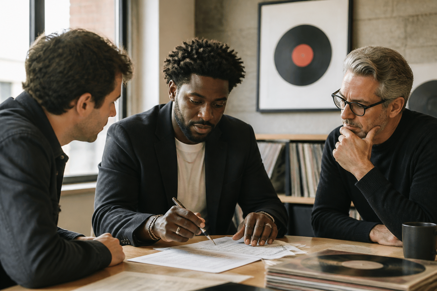 A business meeting scene about a record label sale