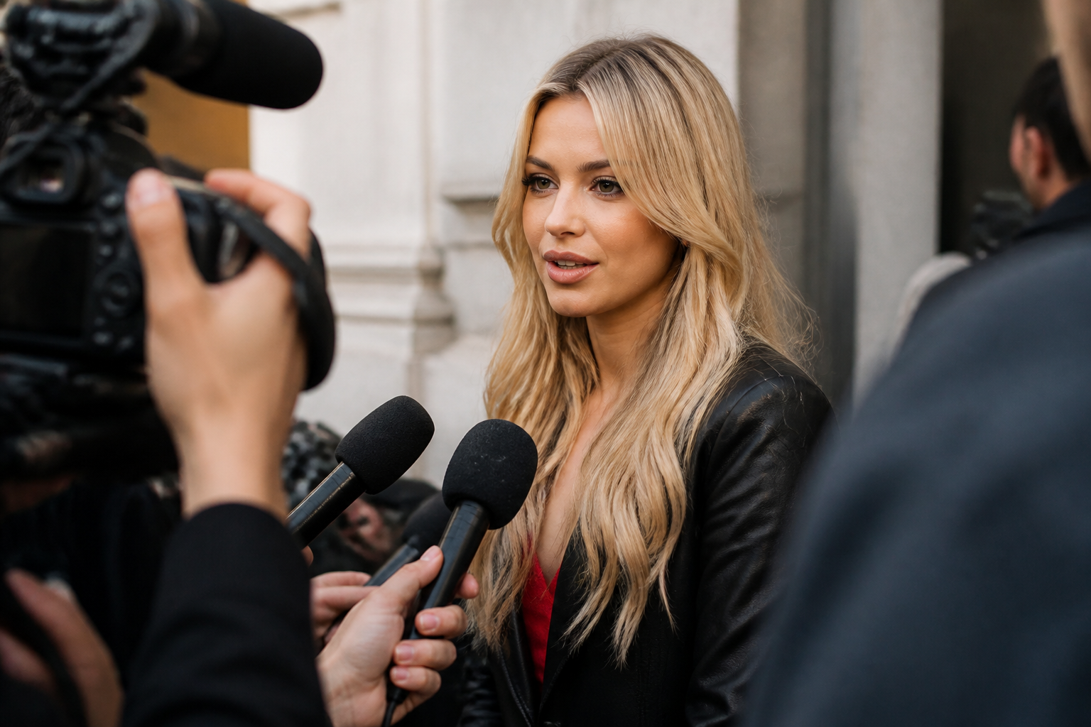 Taylor Swift speaking to reporters outside a building