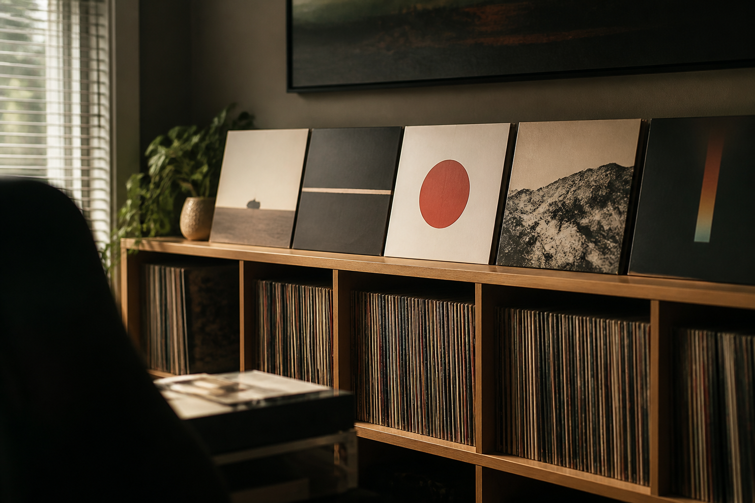 A shelf of re-recorded album covers labeled Taylor’s Version