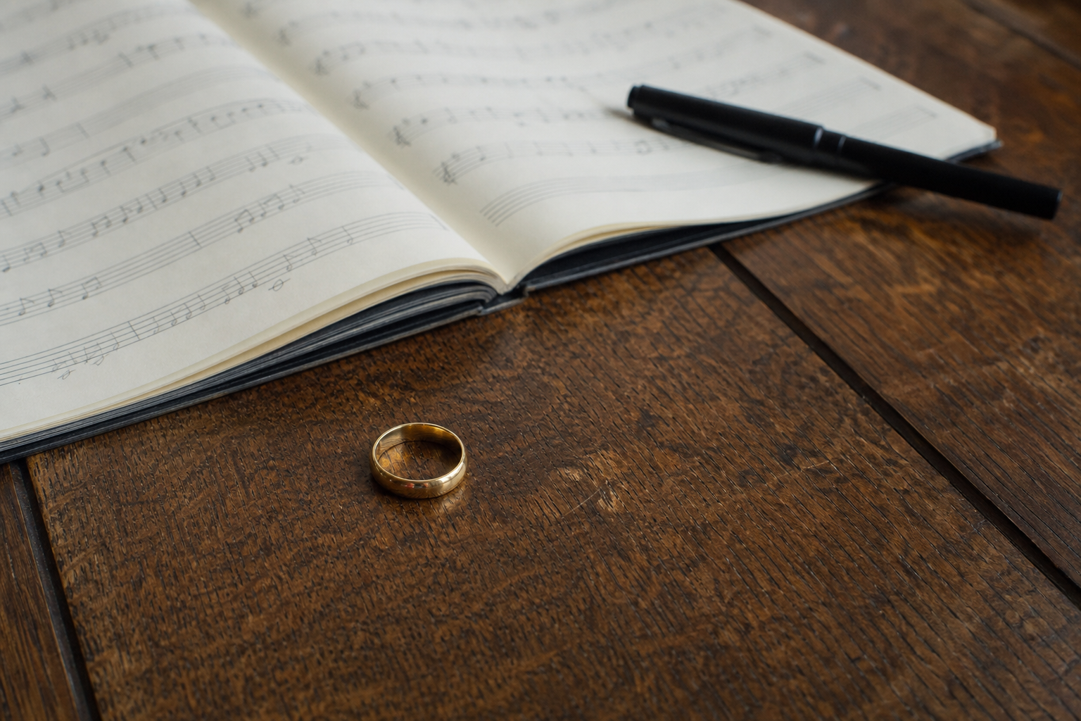 A wedding ring on a table beside a music notebook