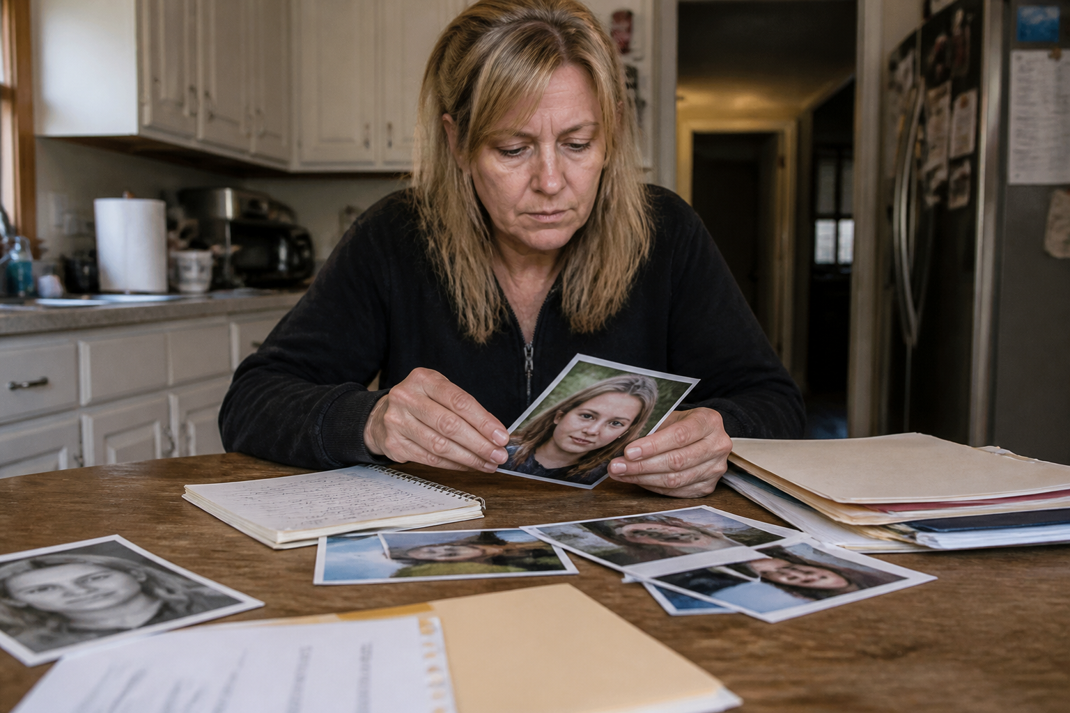 A mother looking through old missing-person folders at a kitchen table