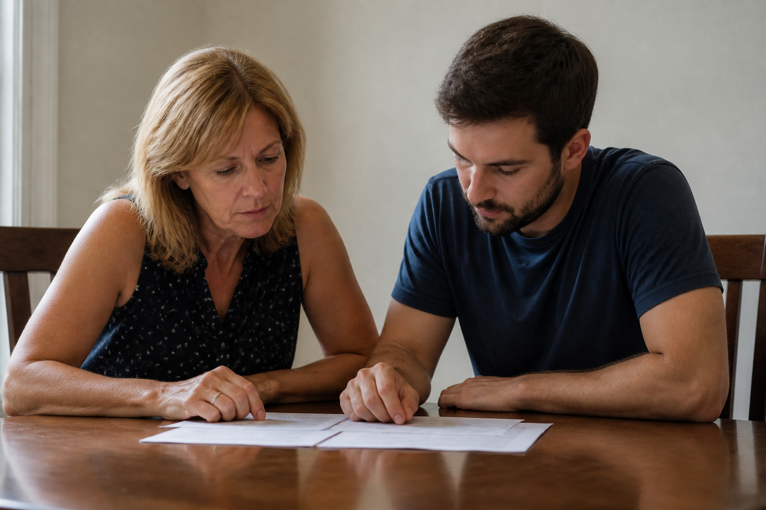 A mother speaking with her adult son in a simple room after many years apart