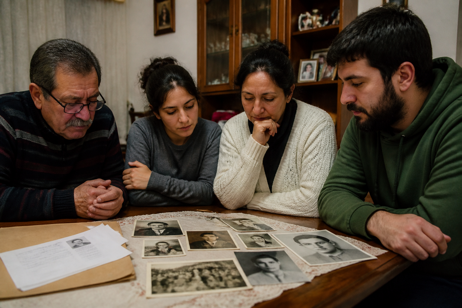 A family standing together with a box of old photographs and documents